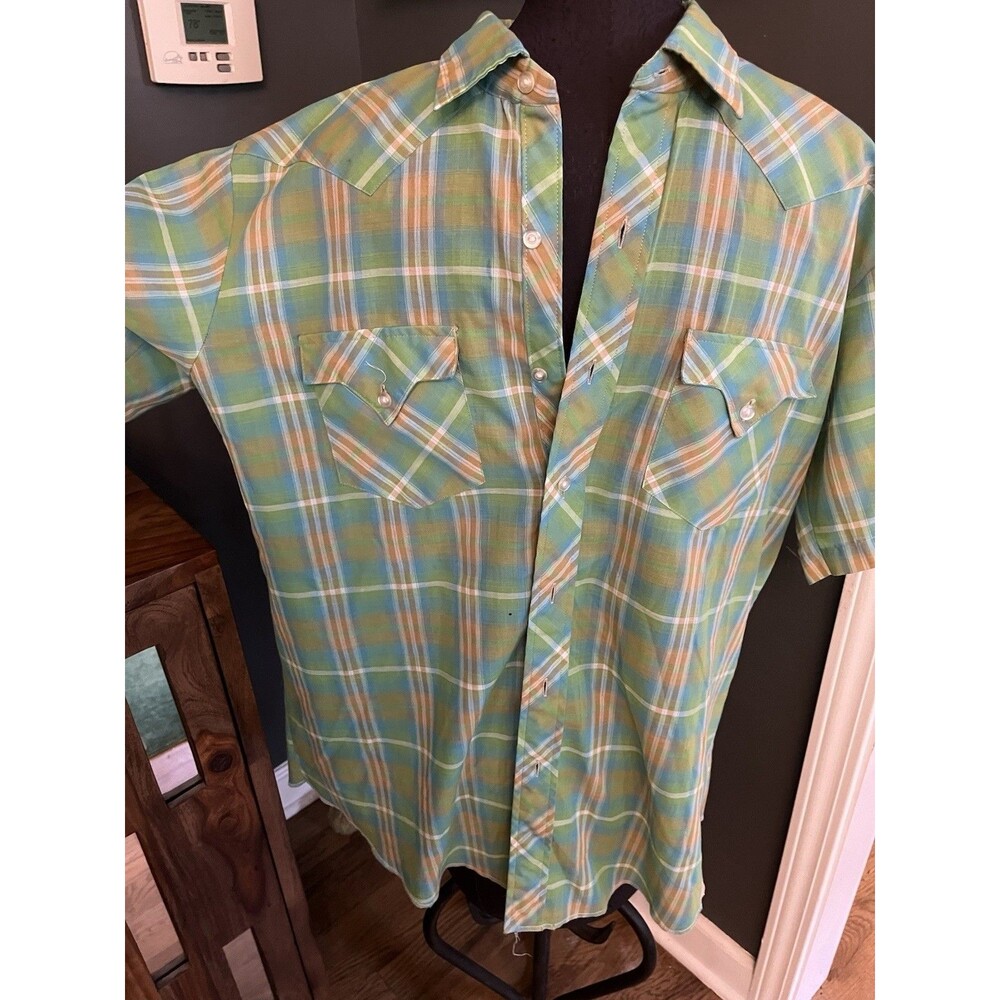 Vintage Men’s Team Tex Western Cut Short Sleeve Button Shirt XL Slim Green Plaid - Picture 6 of 9